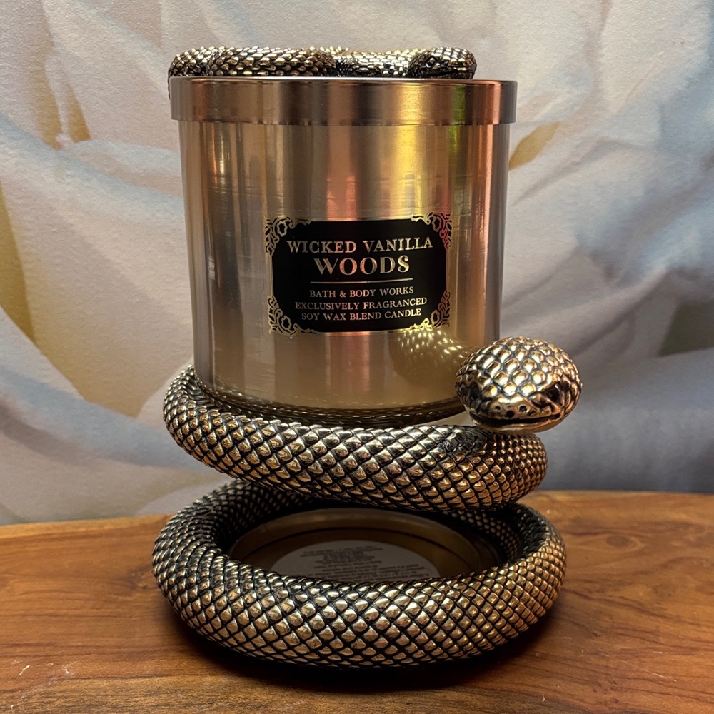 Bath & Body Works Gold Snake Candle Holder with Wicked Vanilla Woods Candle